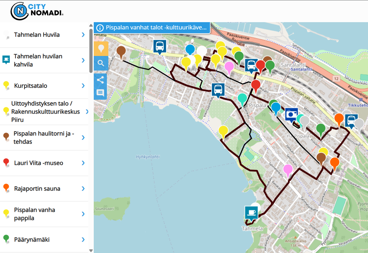 Citynomadi kartta Pispalan Vanhat Talot karttanäkymä Citynomadin verkkosivuilta.